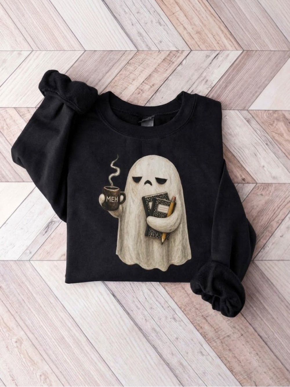 Black Graphic Sweatshirt with 'Meh' Ghost Design